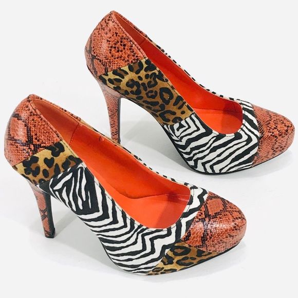 Qupid Animal Print High Heels, Orange, White, 6 - Picture 3 of 9